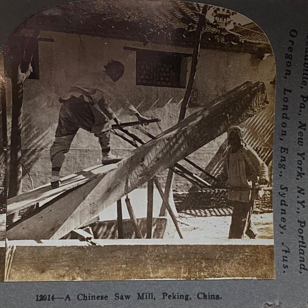 Antique 1903 Stereoview Photo Card Chinese Sawmill Peking China Keystone